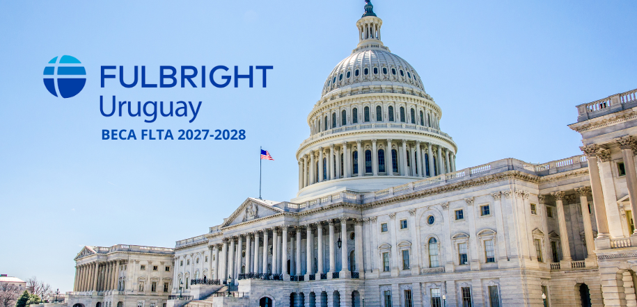 Imagen de la Casa Blanca en Estados Unidos con el logo de la Comisión Fulbright Uruguay